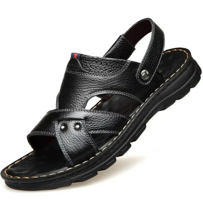 Men’s Genuine Leather Summer Sandals Non-Slip Slip-On Slippers Thick Sole Comfortable Casual Outdoor Shoes