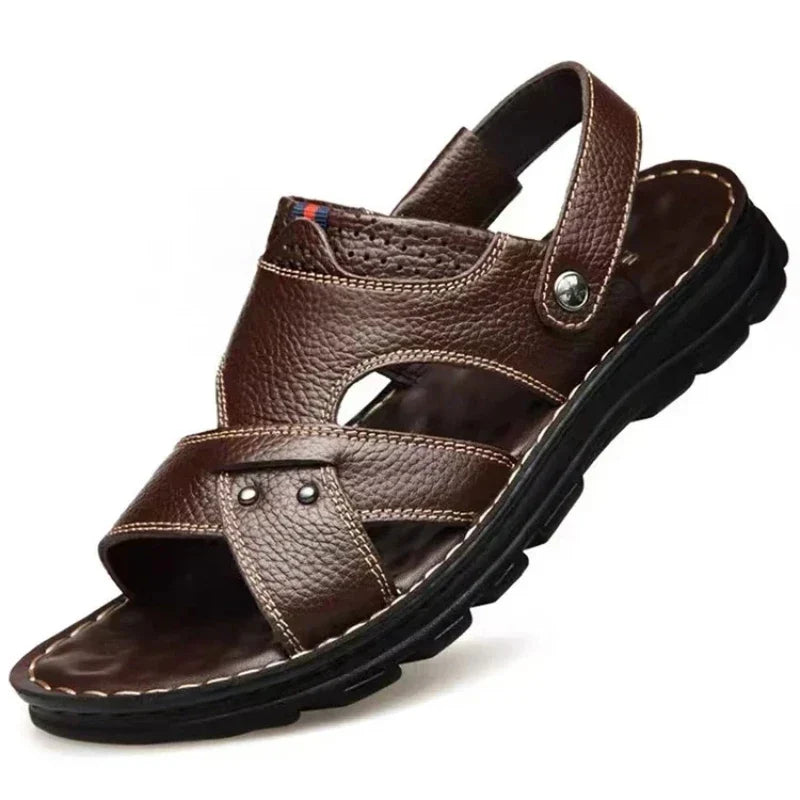 Men’s Genuine Leather Summer Sandals Non-Slip Slip-On Slippers Thick Sole Comfortable Casual Outdoor Shoes