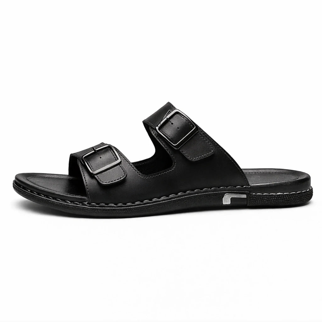 Men’s Large‑Size Black Leather Sandals — Casual Slip‑On Summer Outdoor Shoes