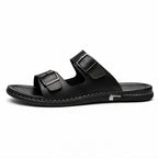 Men’s Large‑Size Black Leather Sandals — Casual Slip‑On Summer Outdoor Shoes