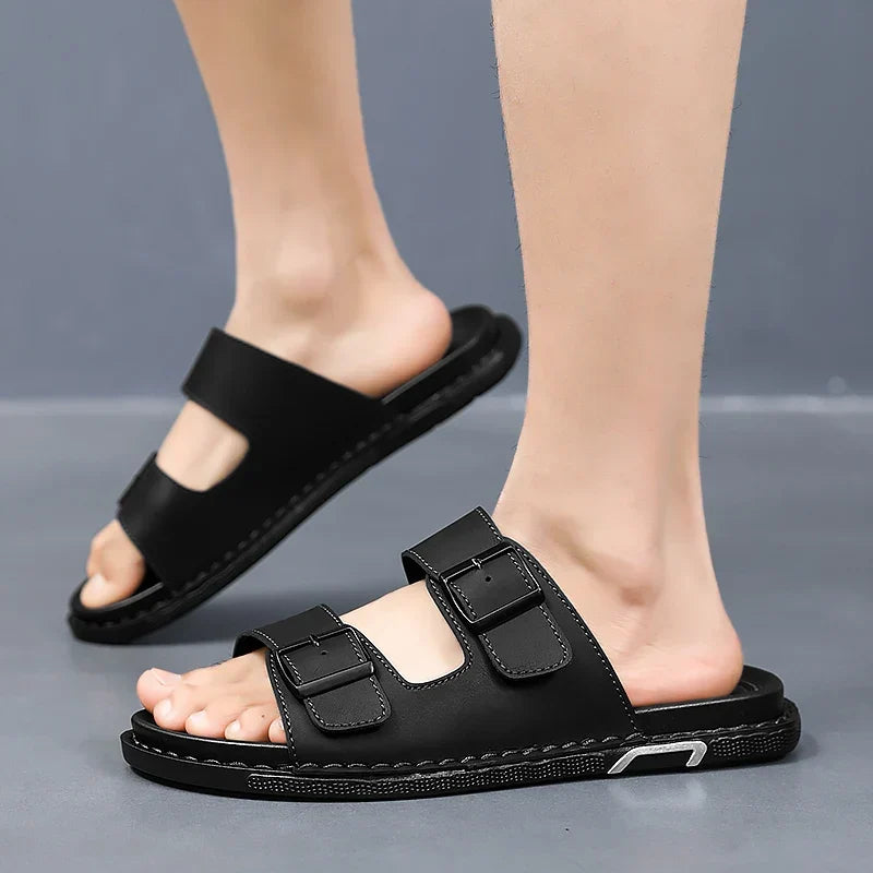 Men’s Large‑Size Black Leather Sandals — Casual Slip‑On Summer Outdoor Shoes