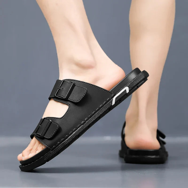 Men’s Large‑Size Black Leather Sandals — Casual Slip‑On Summer Outdoor Shoes