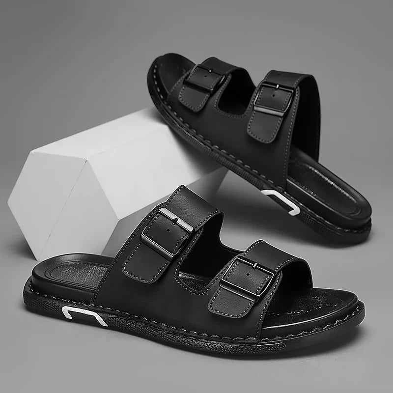 Men’s Large‑Size Black Leather Sandals — Casual Slip‑On Summer Outdoor Shoes