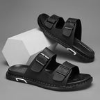 Men’s Large‑Size Black Leather Sandals — Casual Slip‑On Summer Outdoor Shoes