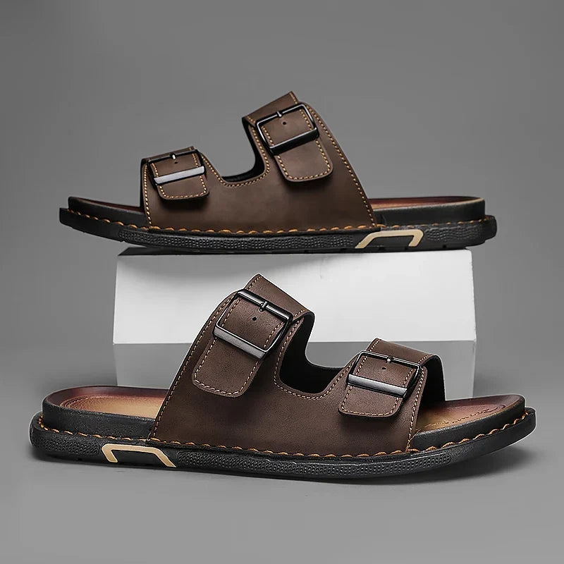 Men’s Large‑Size Black Leather Sandals — Casual Slip‑On Summer Outdoor Shoes
