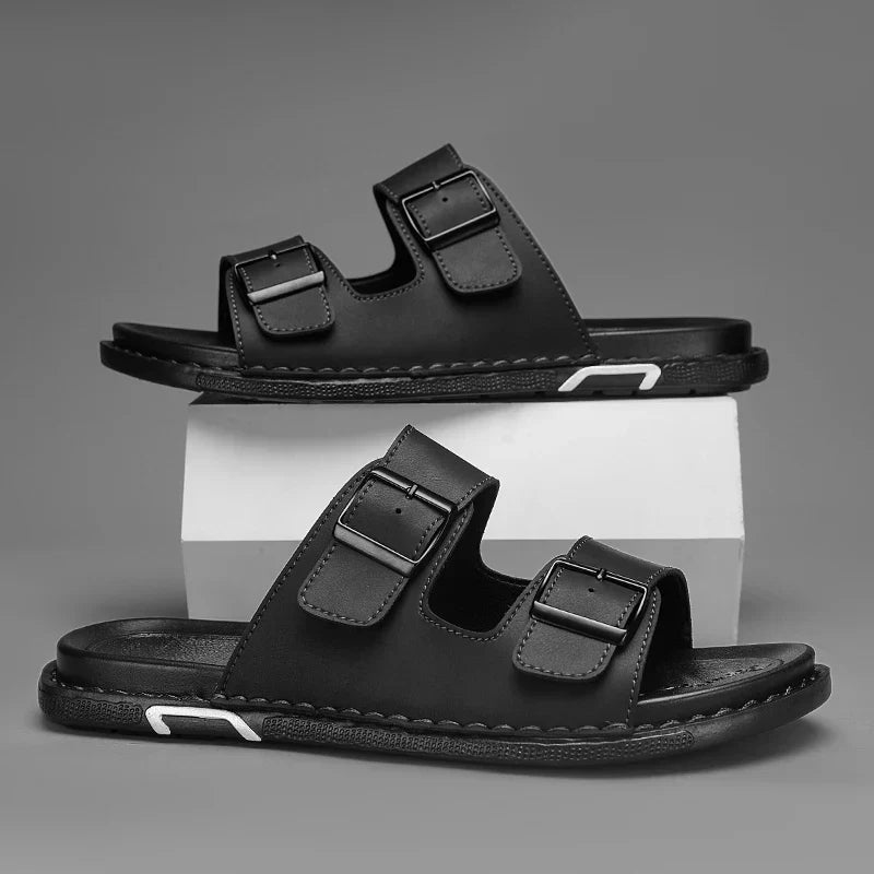 Men’s Large‑Size Black Leather Sandals — Casual Slip‑On Summer Outdoor Shoes