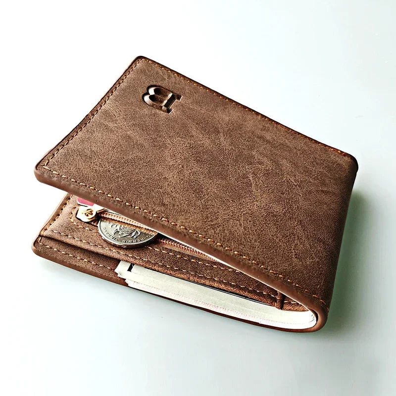 Men’s Leather Wallet with Zipper Coin Pocket – Minimalist Short Card Holder Business Design