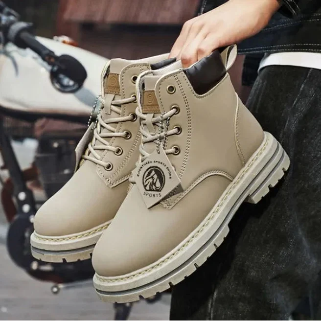Men’s Leather High-Top Boots – Fashion Motorcycle Ankle Boots, Winter & Spring Casual Lace-Up Footwear