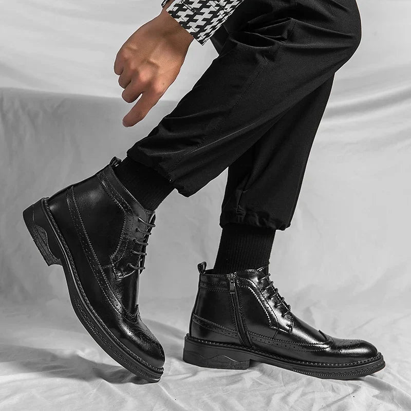 Men’s Low-Top Patent Leather Brogue Boots – Casual, Elegant, Winter, Versatile Flats