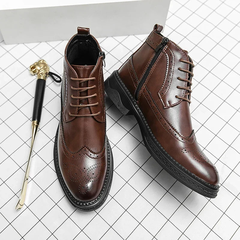 Men’s Low-Top Patent Leather Brogue Boots – Casual, Elegant, Winter, Versatile Flats