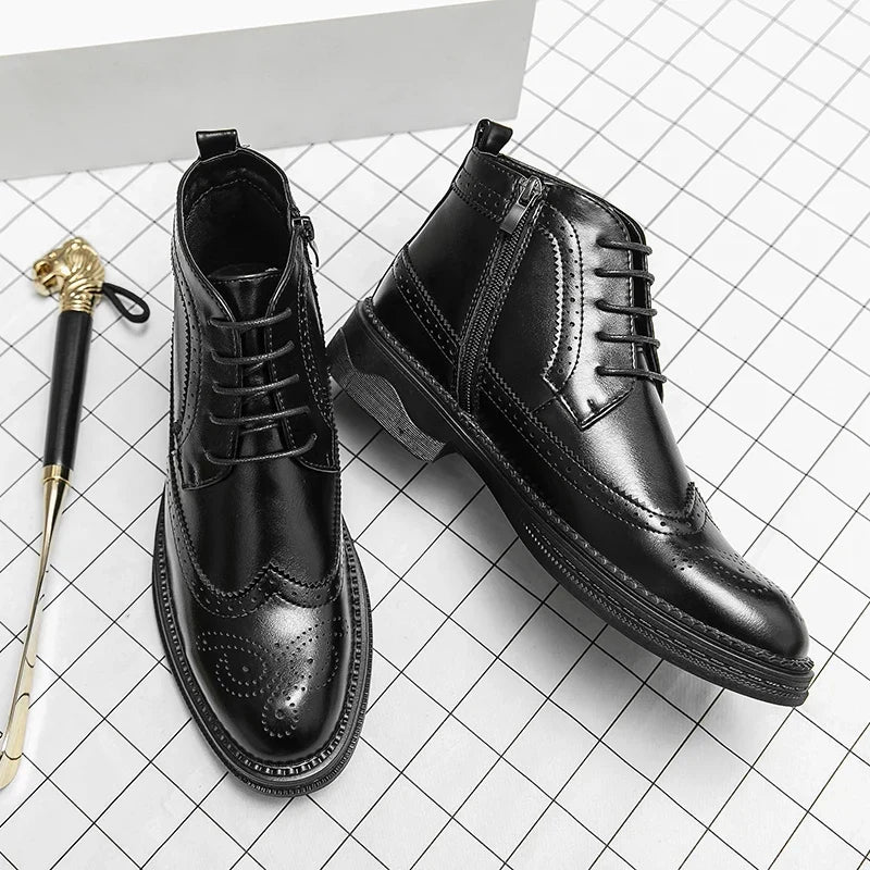 Men’s Low-Top Patent Leather Brogue Boots – Casual, Elegant, Winter, Versatile Flats