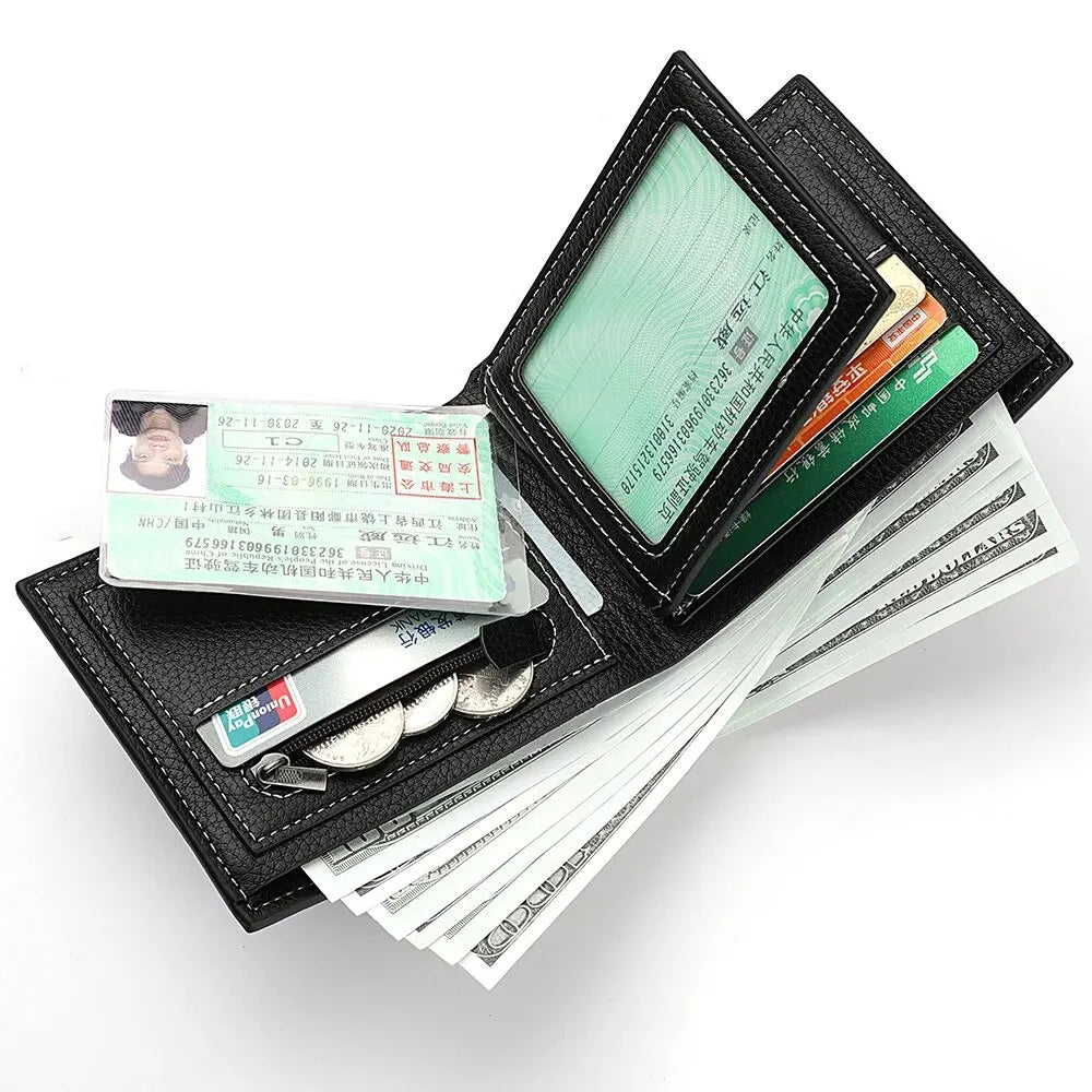 Men’s Lychee Pattern Wallet – High-Quality Zipper Coin Purse and Credit Card Holder, Short Business Wallet
