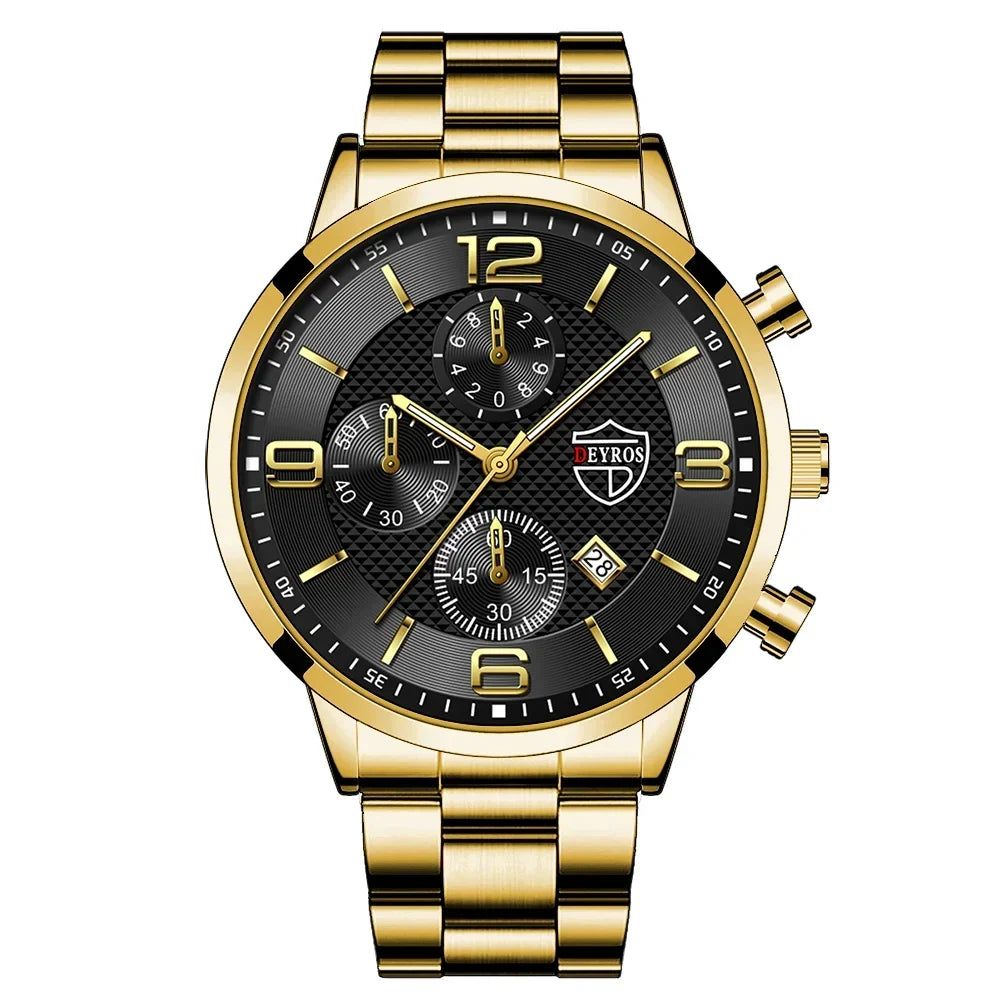 Men’s Luxury Business Quartz Watch with Leather Strap, Stainless Steel Case, Luminous Display & Calendar