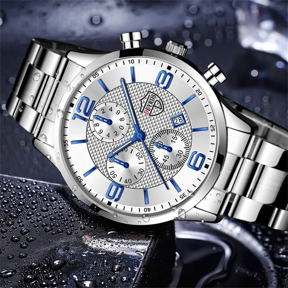 Men’s Luxury Business Quartz Watch with Leather Strap, Stainless Steel Case, Luminous Display & Calendar