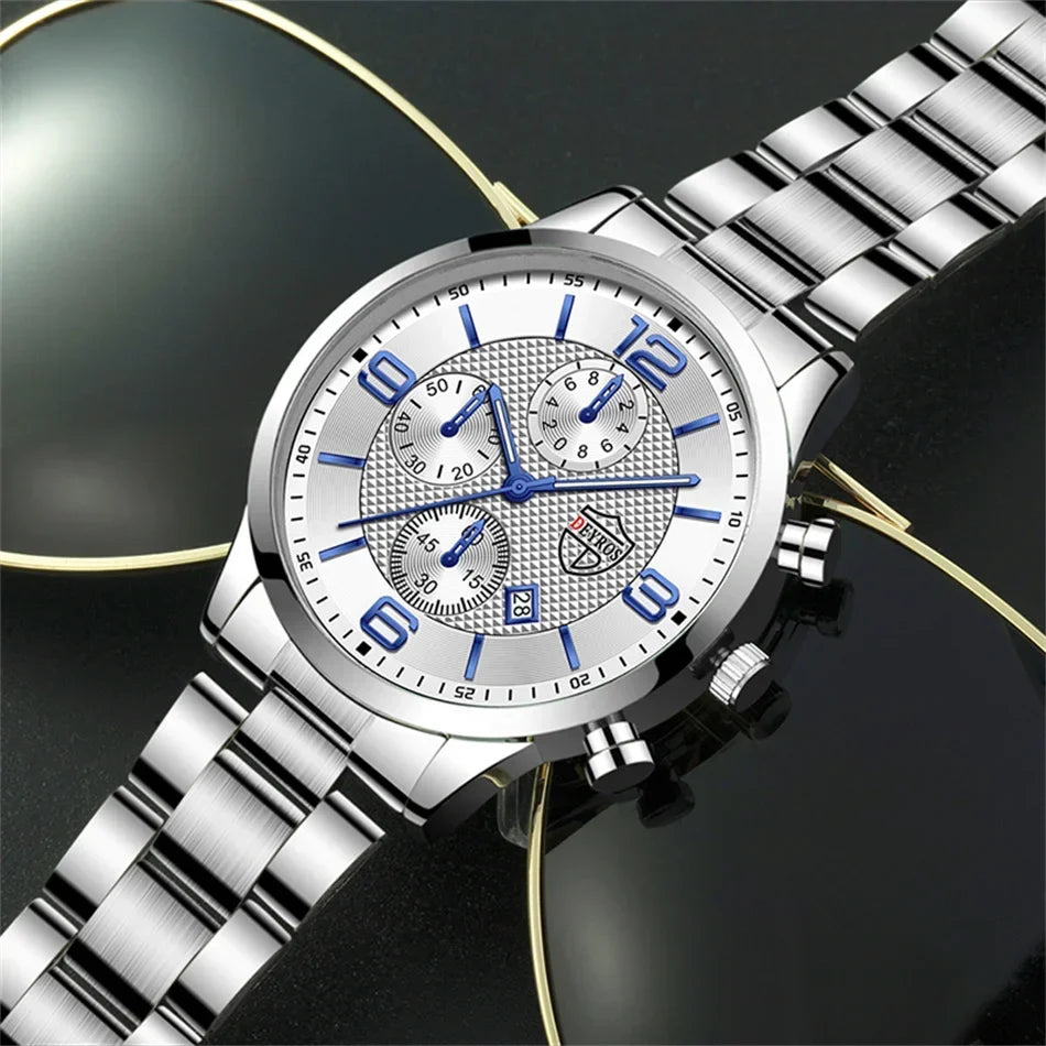 Men’s Luxury Business Quartz Watch with Leather Strap, Stainless Steel Case, Luminous Display & Calendar