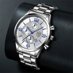 Men’s Luxury Business Quartz Watch with Leather Strap, Stainless Steel Case, Luminous Display & Calendar