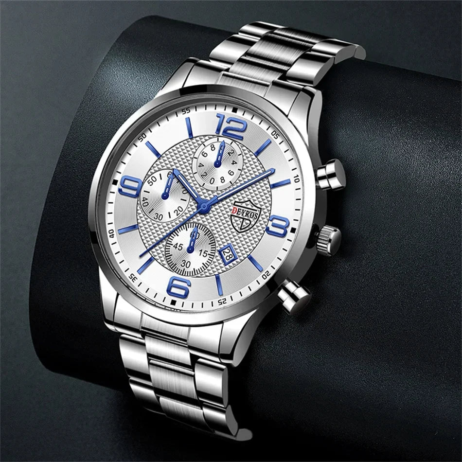 Men’s Luxury Business Quartz Watch with Leather Strap, Stainless Steel Case, Luminous Display & Calendar