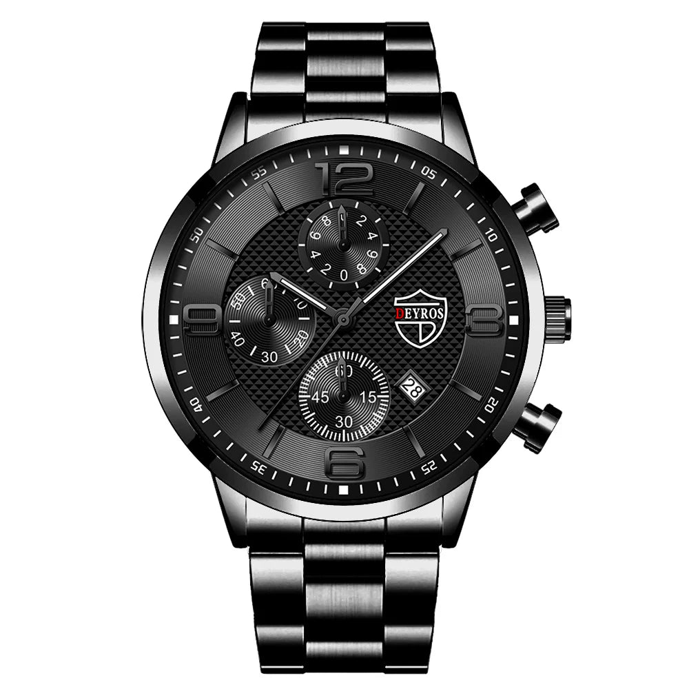 Men’s Luxury Business Quartz Watch with Leather Strap, Stainless Steel Case, Luminous Display & Calendar