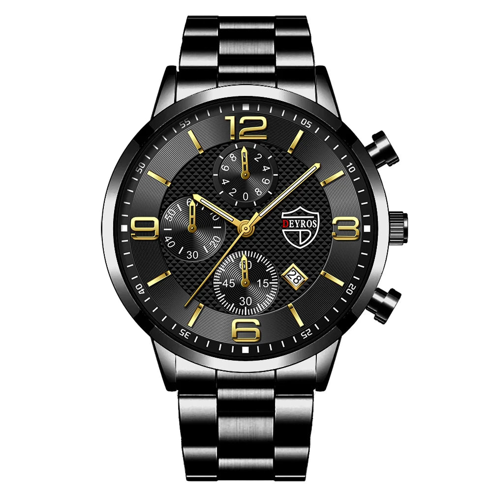 Men’s Luxury Business Quartz Watch with Leather Strap, Stainless Steel Case, Luminous Display & Calendar