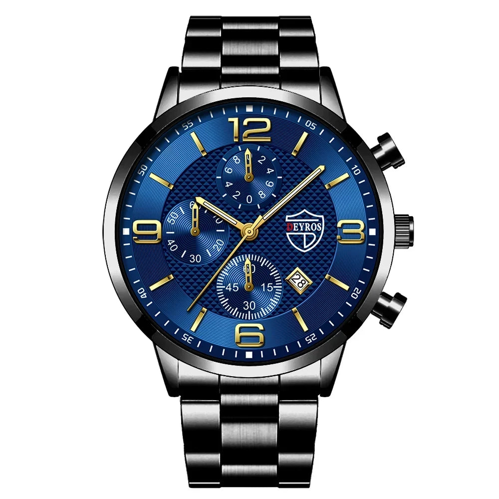 Men’s Luxury Business Quartz Watch with Leather Strap, Stainless Steel Case, Luminous Display & Calendar