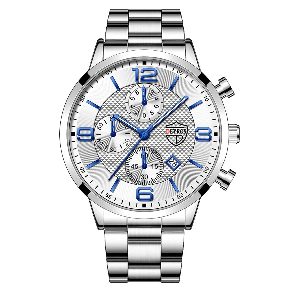 Men’s Luxury Business Quartz Watch with Leather Strap, Stainless Steel Case, Luminous Display & Calendar