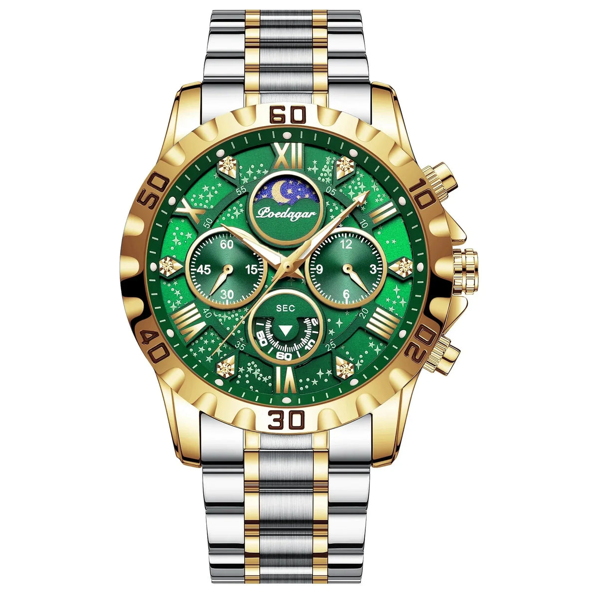Sports Quartz Watch with Chronograph, Waterproof Stainless Steel Case & Luminous Display