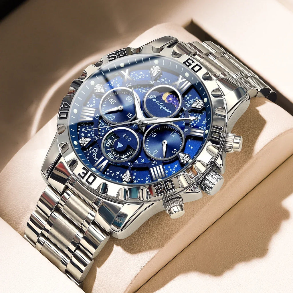Sports Quartz Watch with Chronograph, Waterproof Stainless Steel Case & Luminous Display
