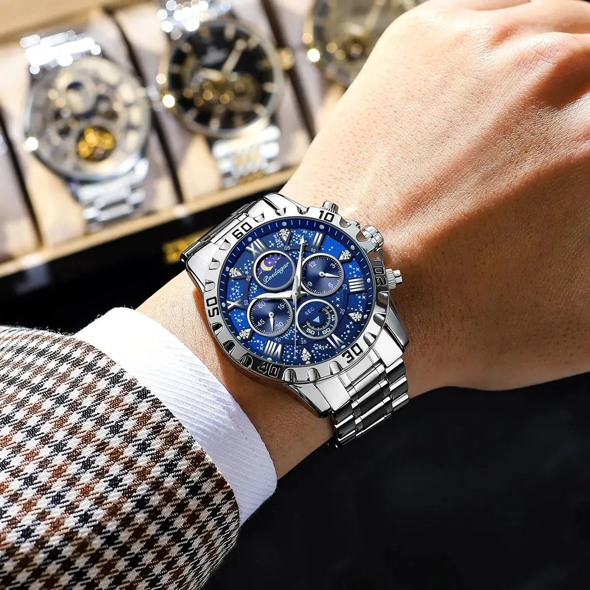 Sports Quartz Watch with Chronograph, Waterproof Stainless Steel Case & Luminous Display