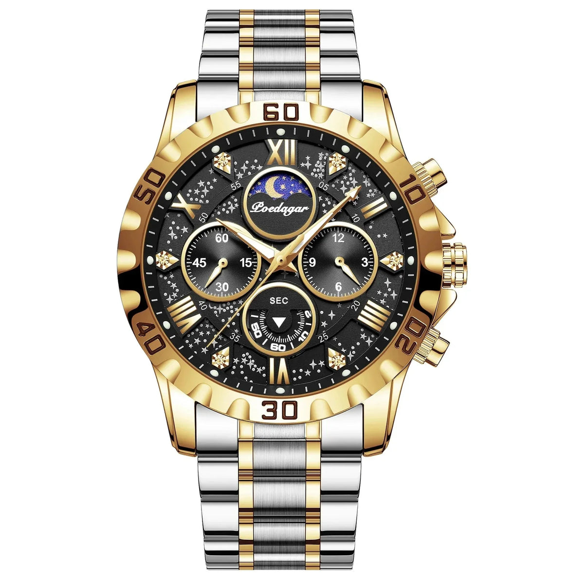 Sports Quartz Watch with Chronograph, Waterproof Stainless Steel Case & Luminous Display