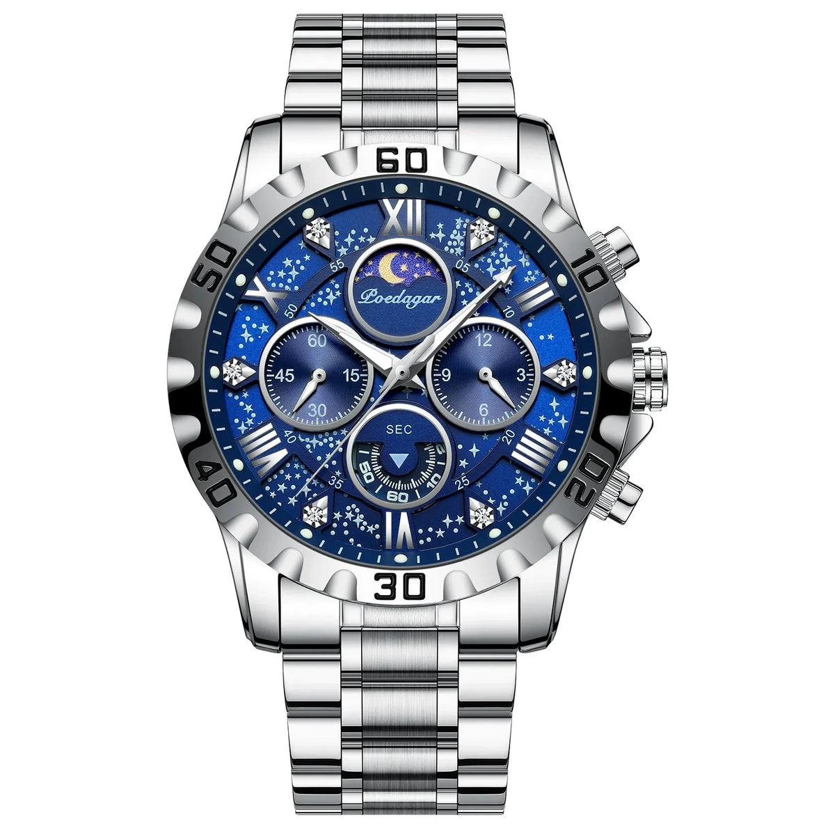 Sports Quartz Watch with Chronograph, Waterproof Stainless Steel Case & Luminous Display