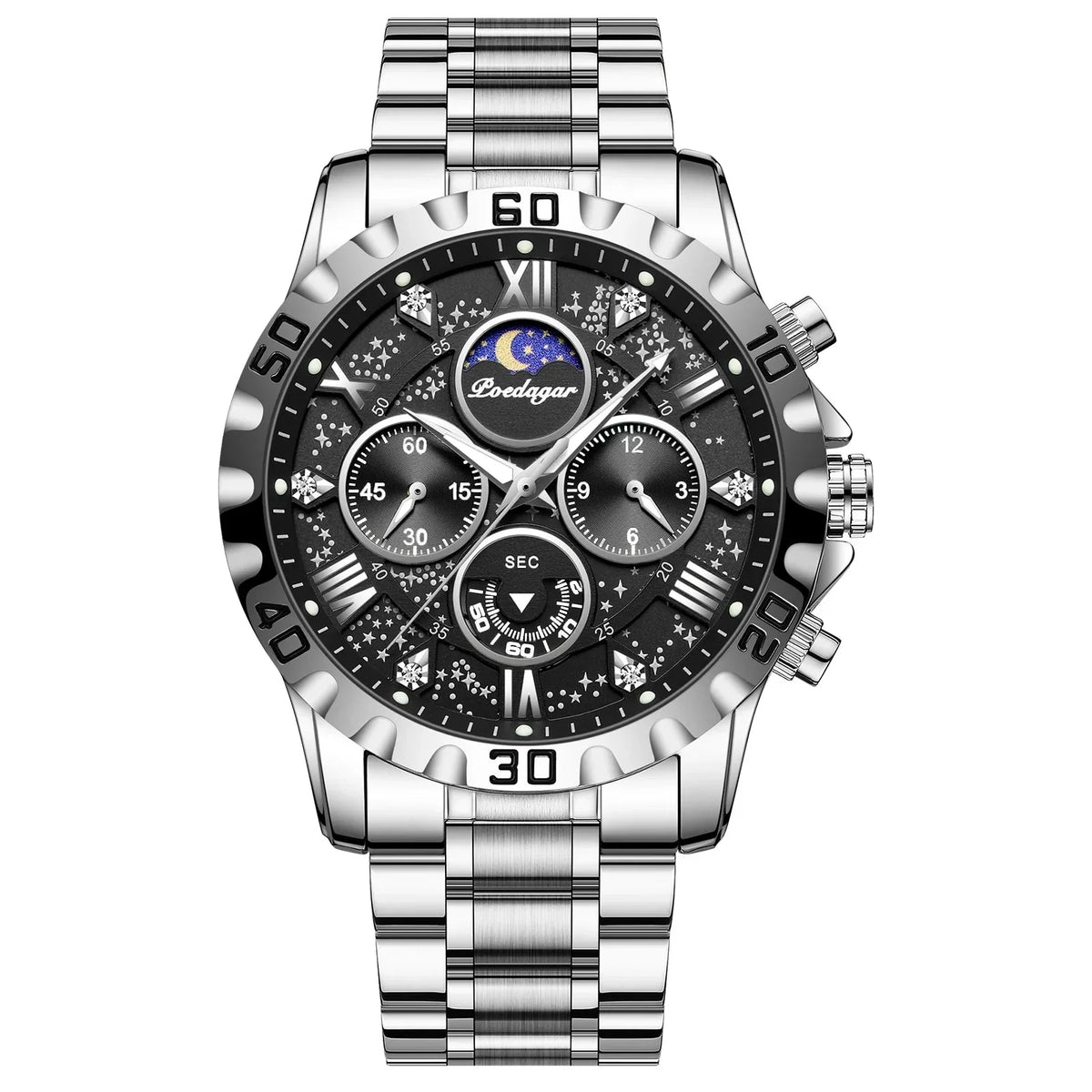 Sports Quartz Watch with Chronograph, Waterproof Stainless Steel Case & Luminous Display