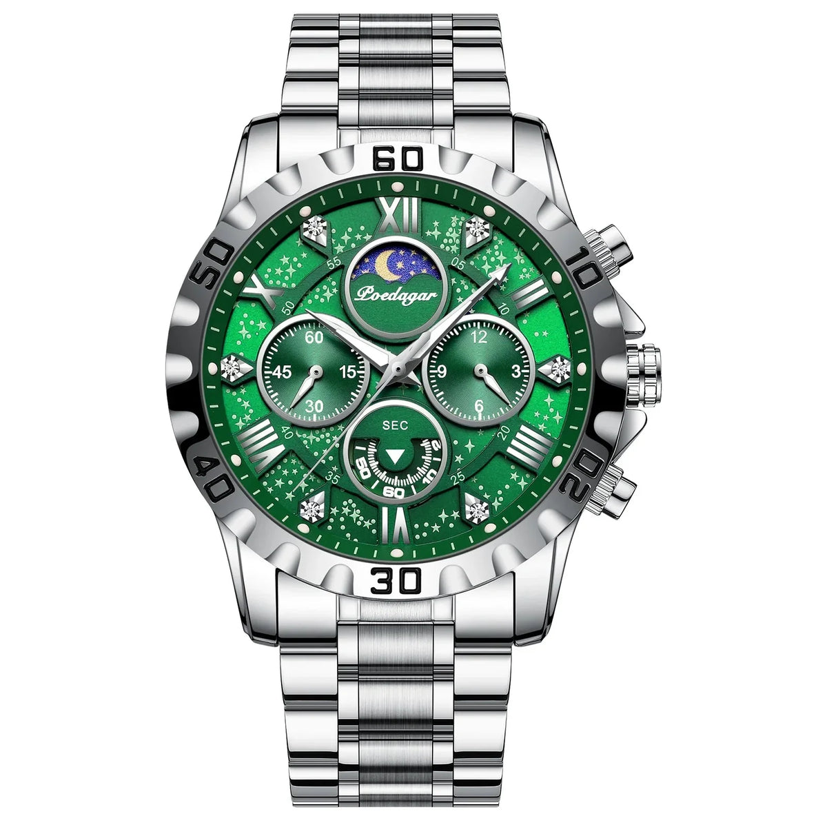 Sports Quartz Watch with Chronograph, Waterproof Stainless Steel Case & Luminous Display