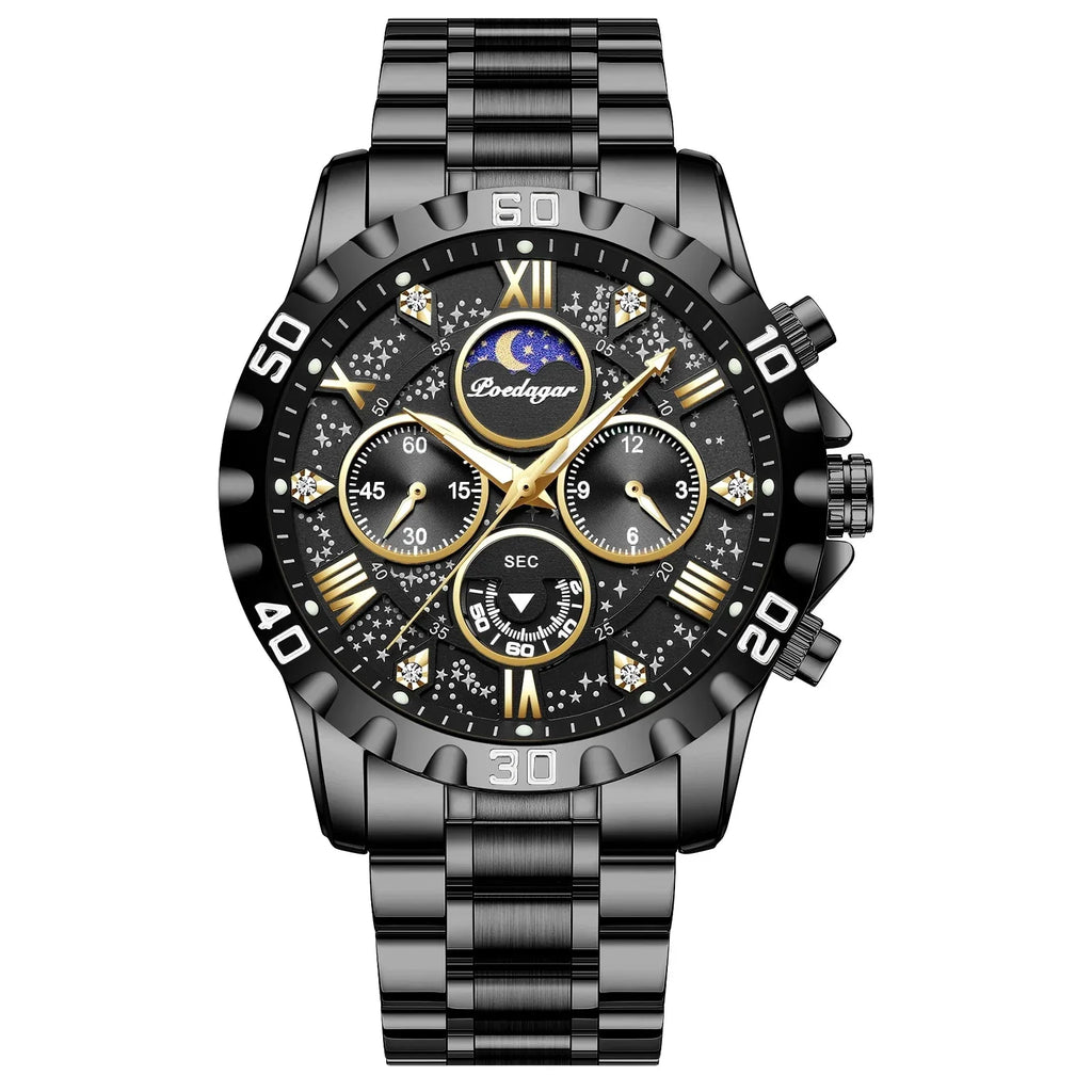 Sports Quartz Watch with Chronograph, Waterproof Stainless Steel Case & Luminous Display