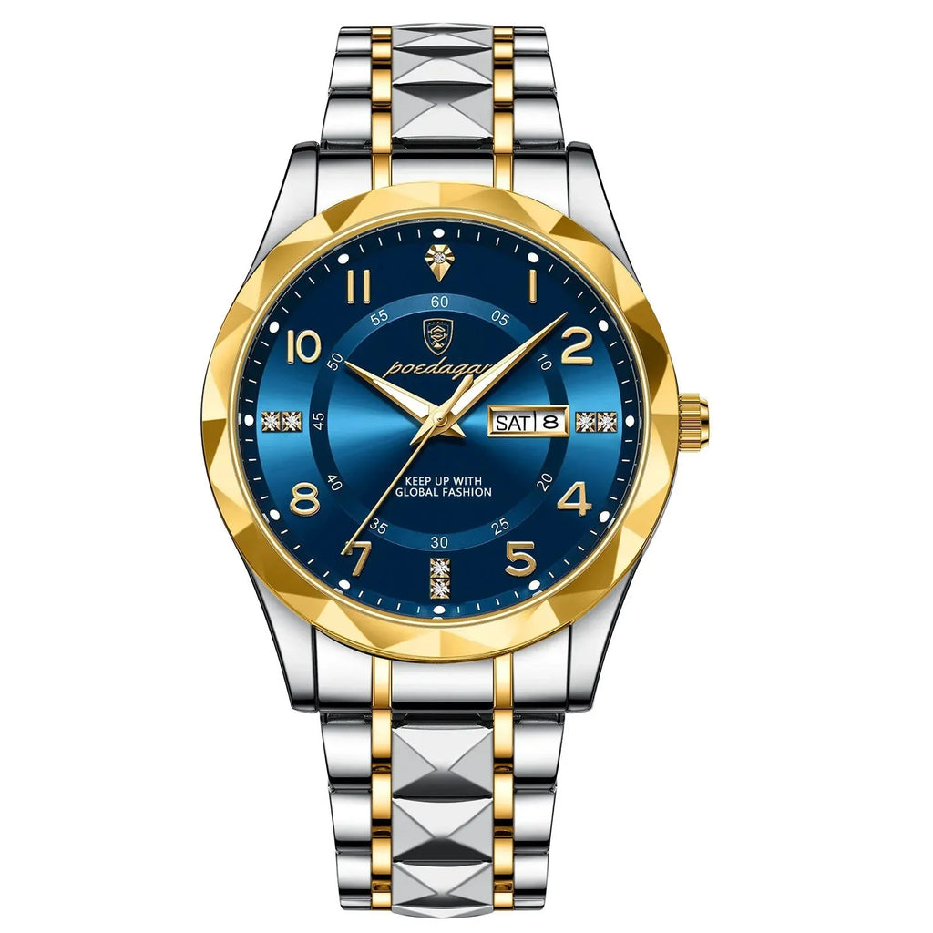 Men's Luxury Quartz Watch with Date & Day Display, Waterproof Stainless Steel Luminous Sports Wristwatch