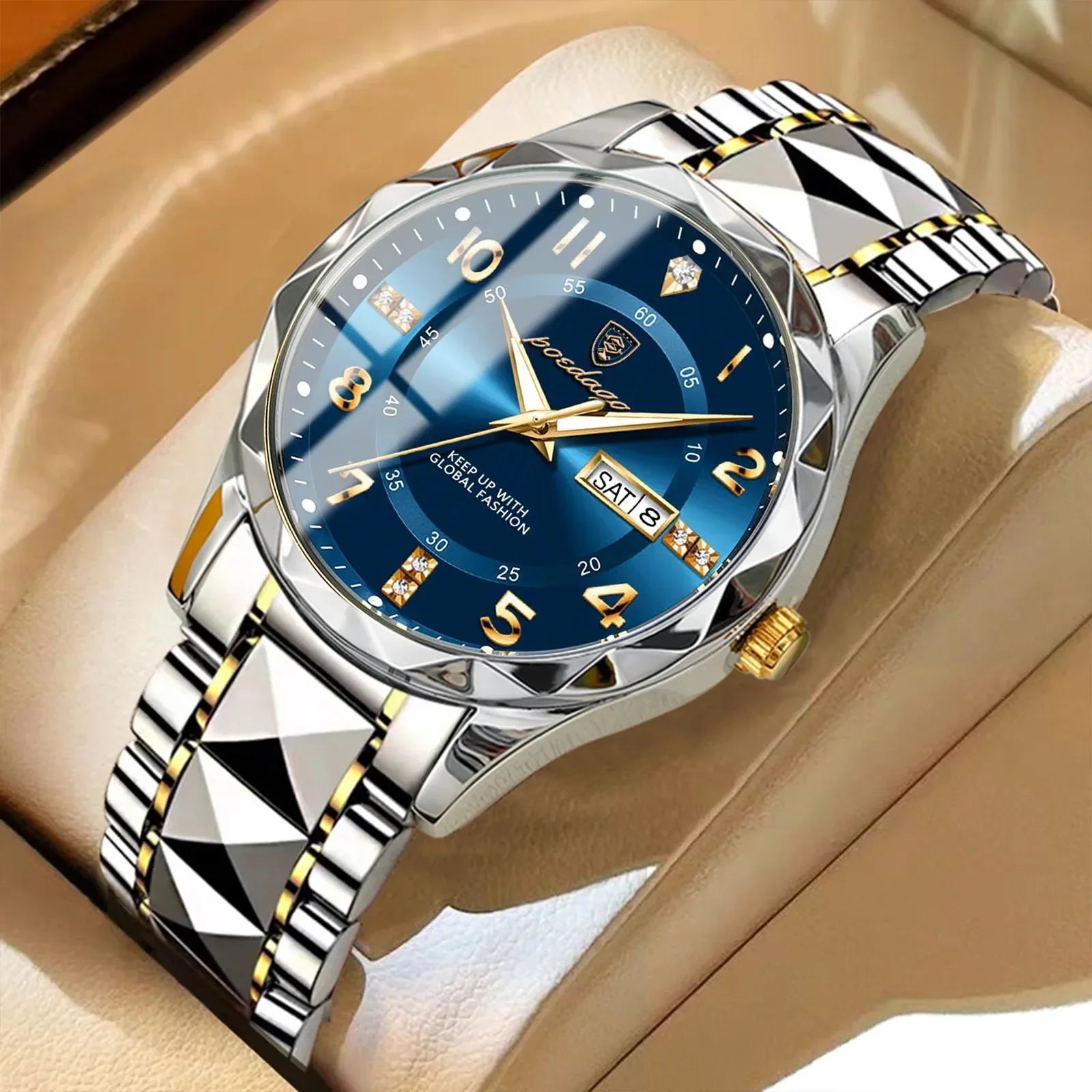 Men's Luxury Quartz Watch with Date & Day Display, Waterproof Stainless Steel Luminous Sports Wristwatch