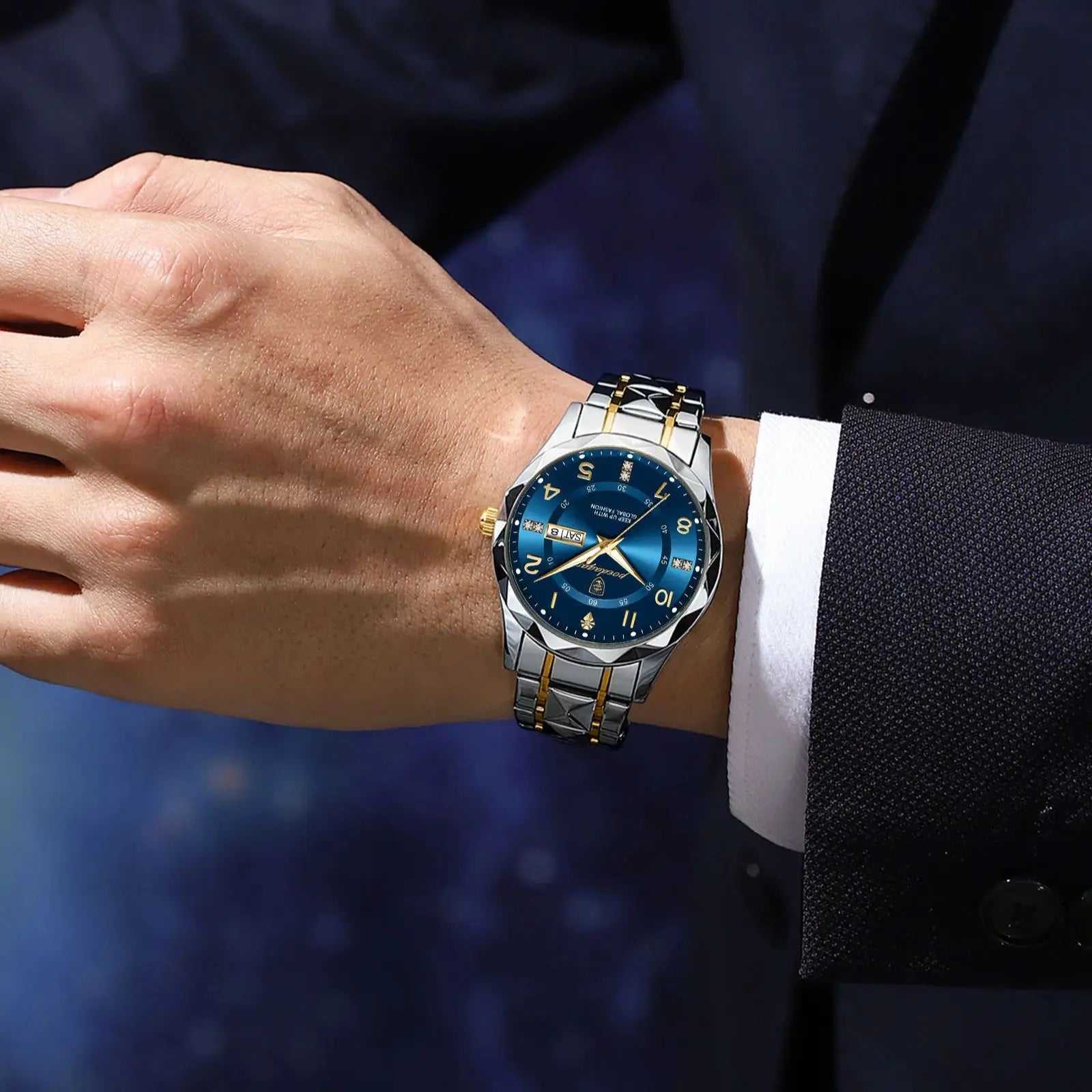 Men's Luxury Quartz Watch with Date & Day Display, Waterproof Stainless Steel Luminous Sports Wristwatch