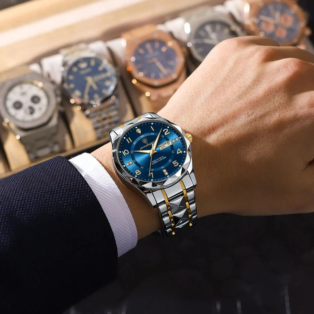 Men's Luxury Quartz Watch with Date & Day Display, Waterproof Stainless Steel Luminous Sports Wristwatch