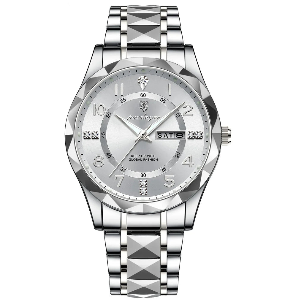 Men's Luxury Quartz Watch with Date & Day Display, Waterproof Stainless Steel Luminous Sports Wristwatch