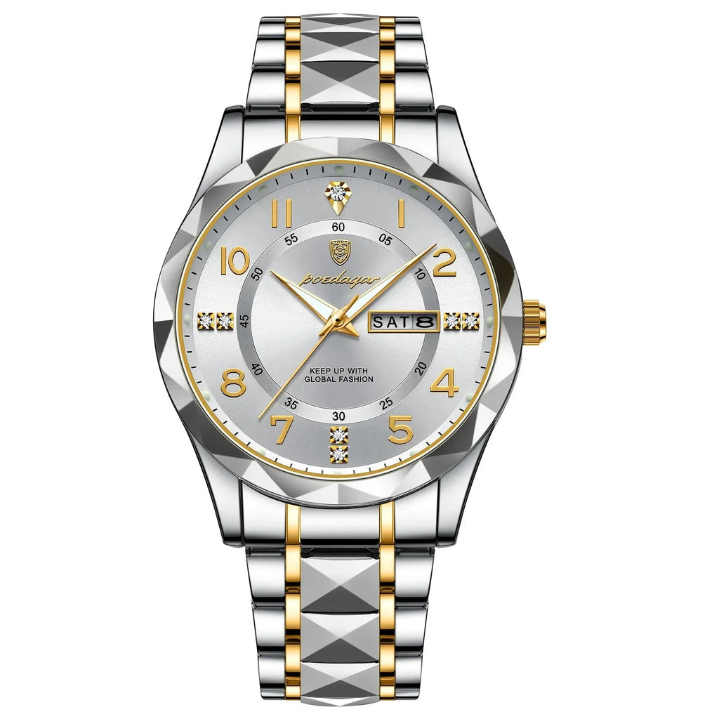 Men's Luxury Quartz Watch with Date & Day Display, Waterproof Stainless Steel Luminous Sports Wristwatch