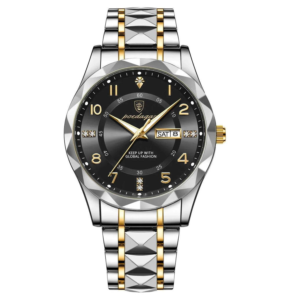 Men's Luxury Quartz Watch with Date & Day Display, Waterproof Stainless Steel Luminous Sports Wristwatch
