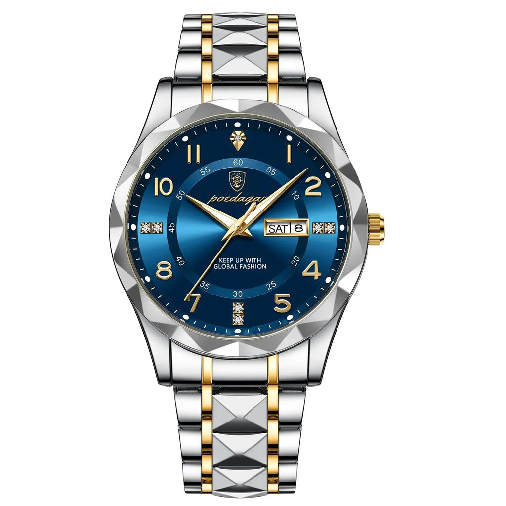 Men's Luxury Quartz Watch with Date & Day Display, Waterproof Stainless Steel Luminous Sports Wristwatch