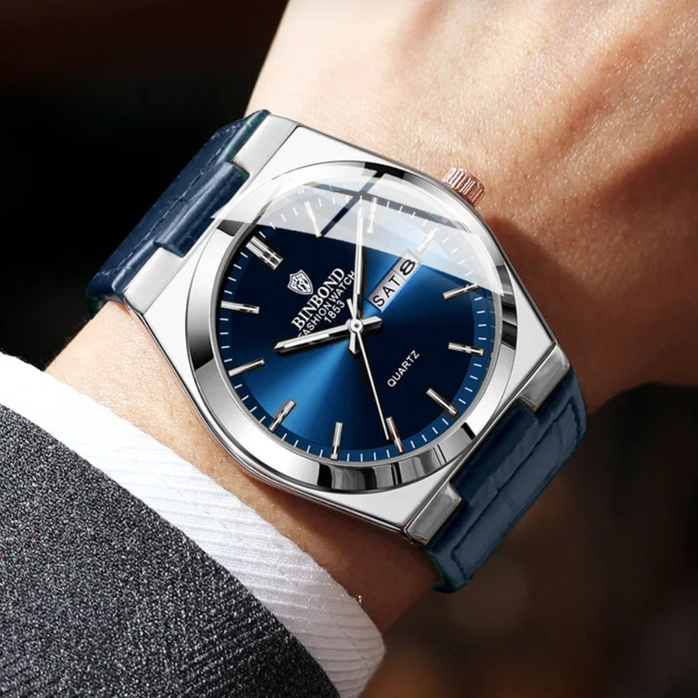 Men’s Luxury Quartz Watch – Fashion Leather Strap, Luminous Hands & Calendar, Waterproof