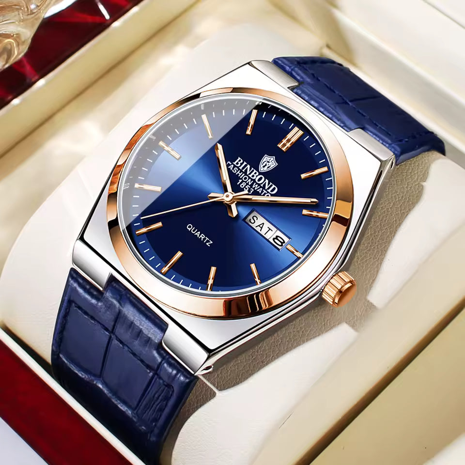 Men’s Luxury Quartz Watch – Fashion Leather Strap, Luminous Hands & Calendar, Waterproof