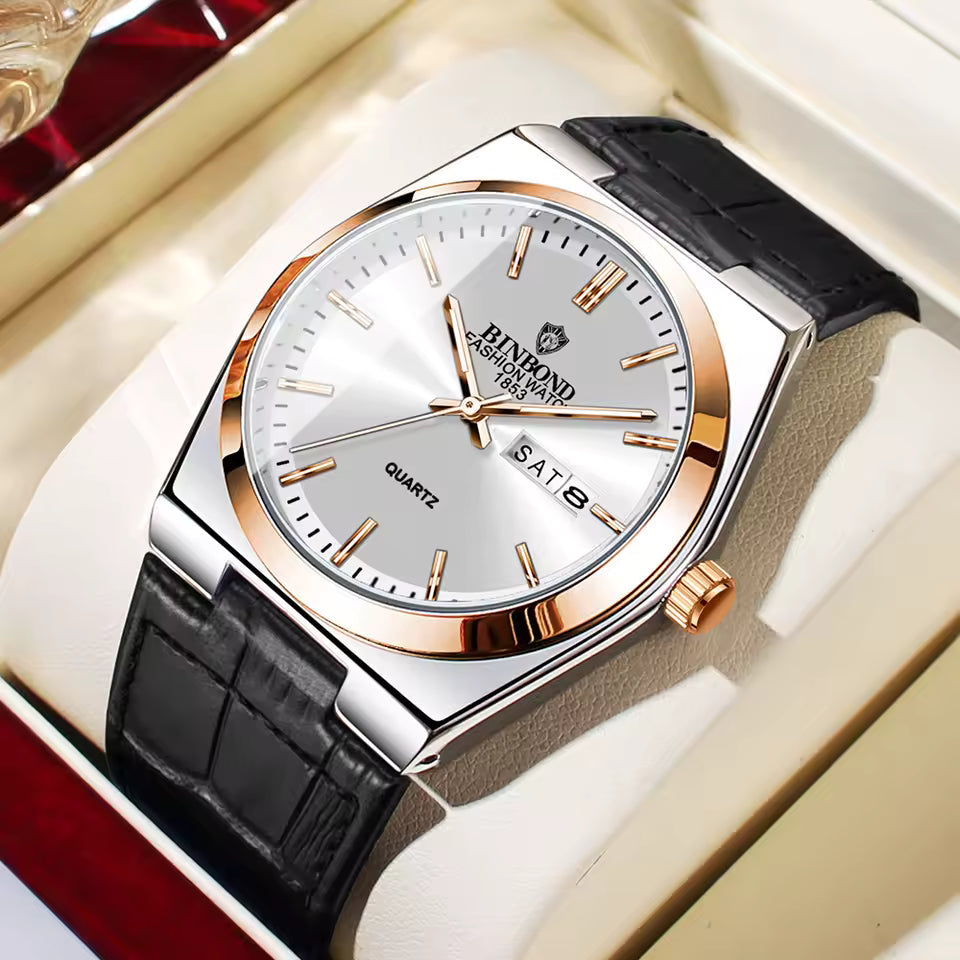 Men’s Luxury Quartz Watch – Fashion Leather Strap, Luminous Hands & Calendar, Waterproof
