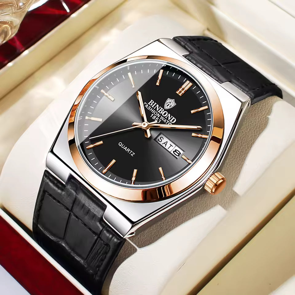 Men’s Luxury Quartz Watch – Fashion Leather Strap, Luminous Hands & Calendar, Waterproof