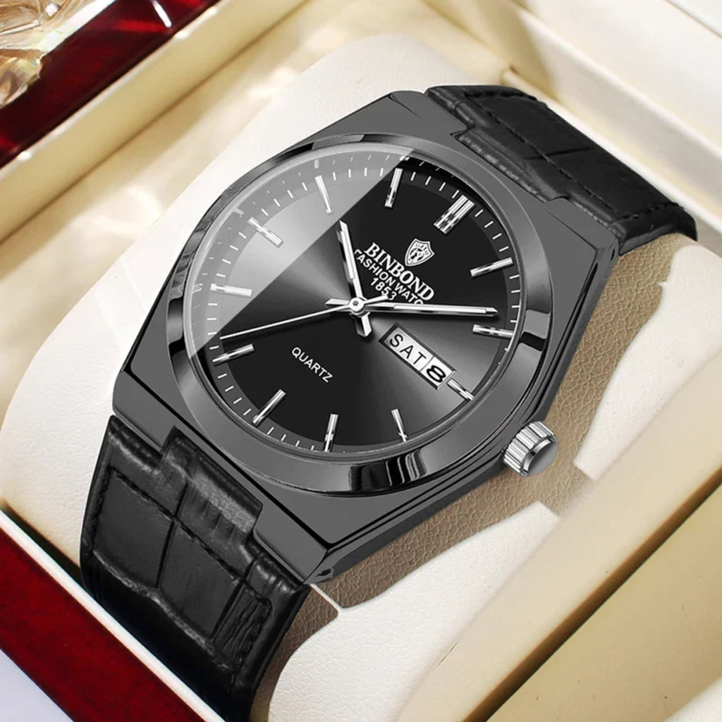 Men’s Luxury Quartz Watch – Fashion Leather Strap, Luminous Hands & Calendar, Waterproof