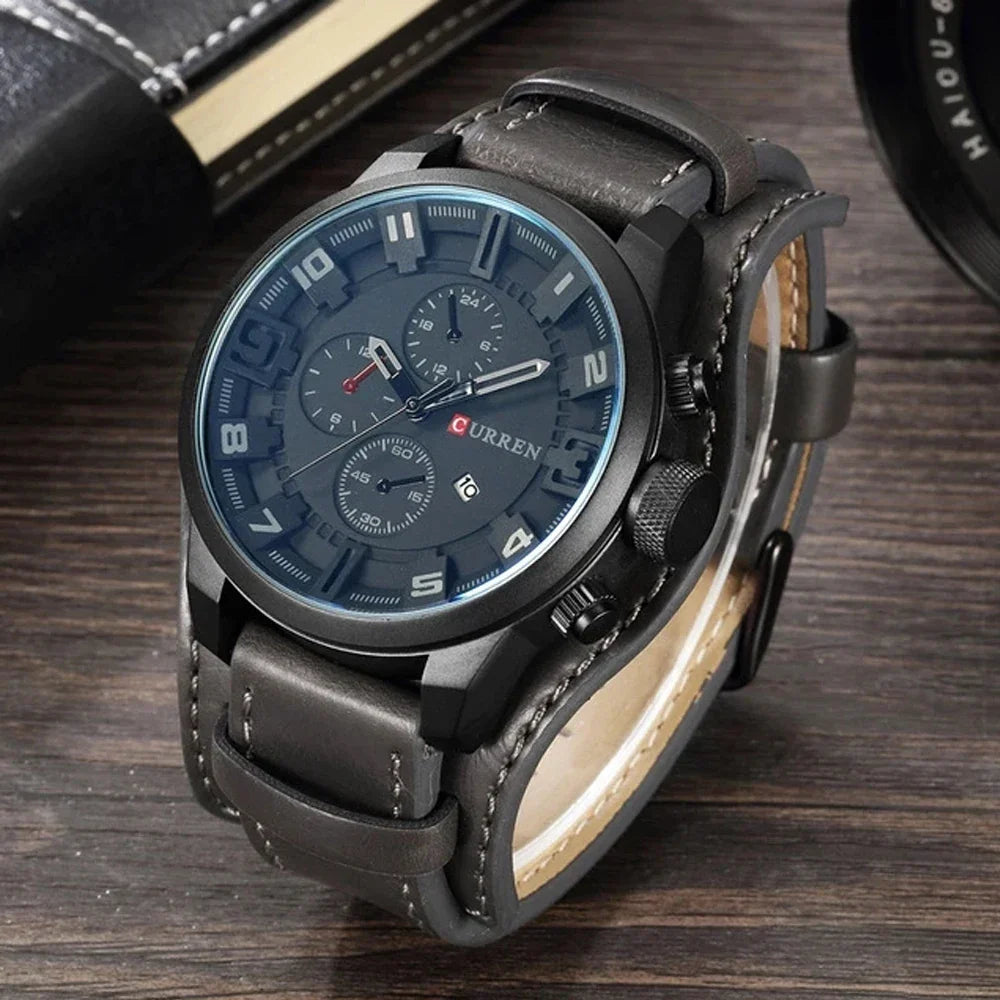 Men's Luxury Quartz Watch with Leather Strap, Date Display – Sport, Military & Business Style