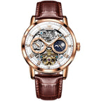 Men’s Mechanical Watch with Leather Strap, Round Dial, Moon Phase & Month Display – Fashion Wristwatch