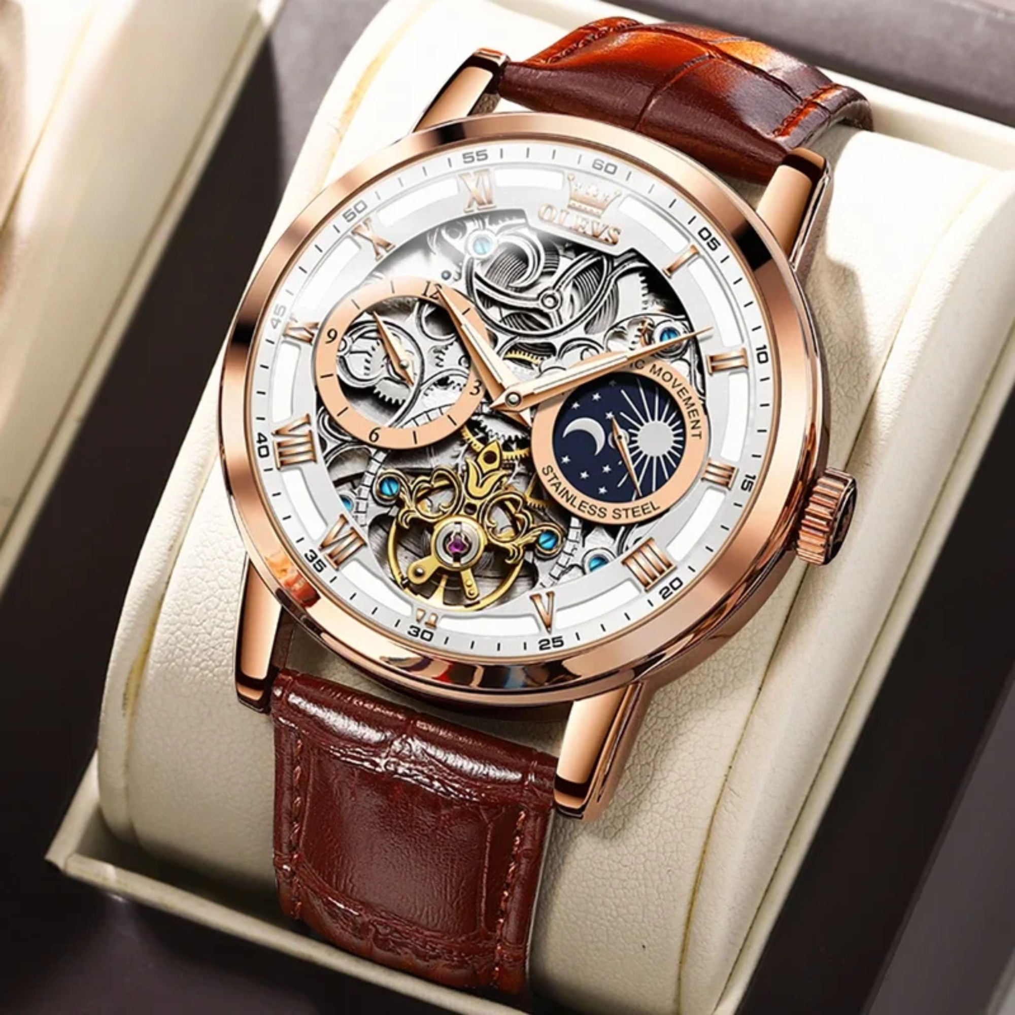 Men’s Mechanical Watch with Leather Strap, Round Dial, Moon Phase & Month Display – Fashion Wristwatch