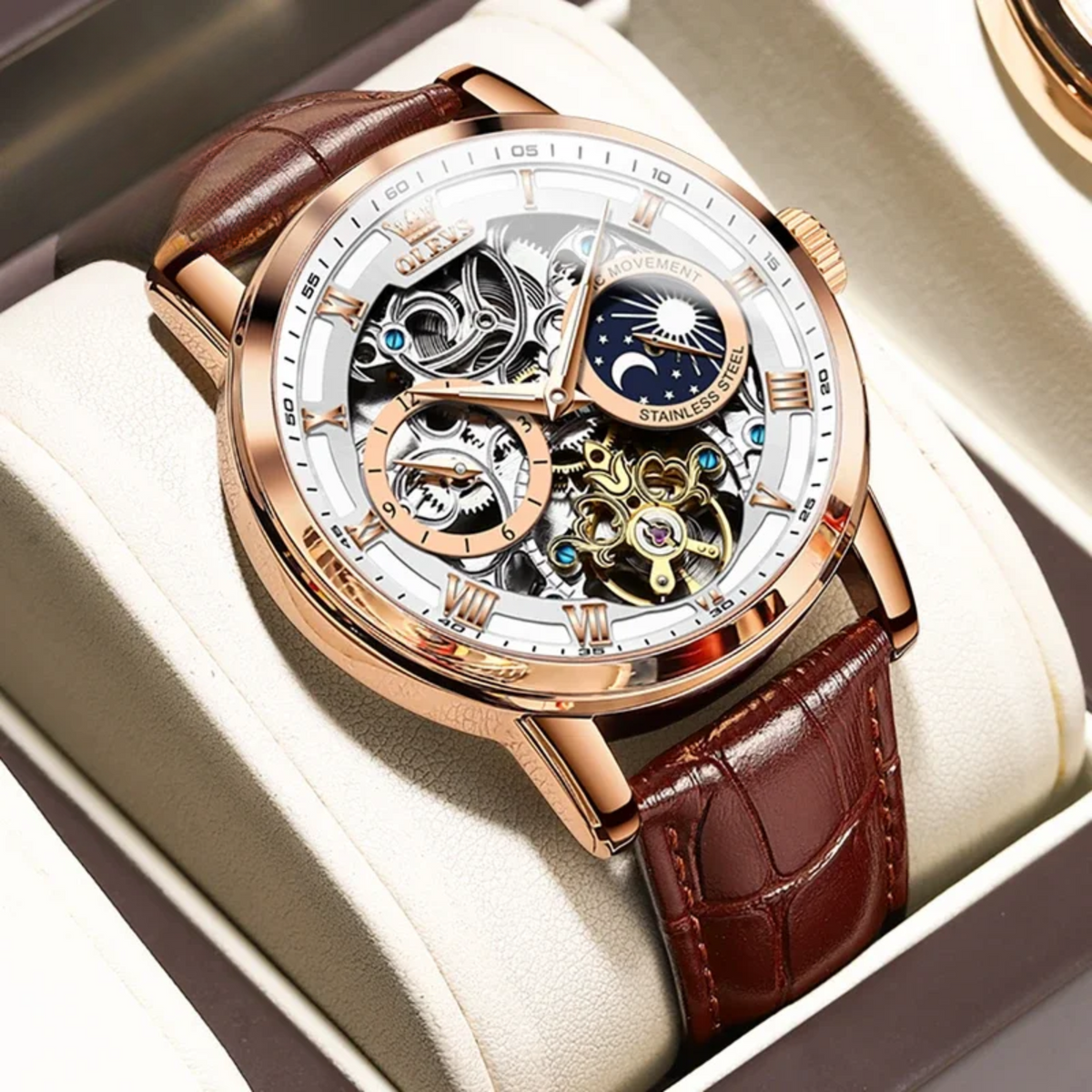 Men’s Mechanical Watch with Leather Strap, Round Dial, Moon Phase & Month Display – Fashion Wristwatch